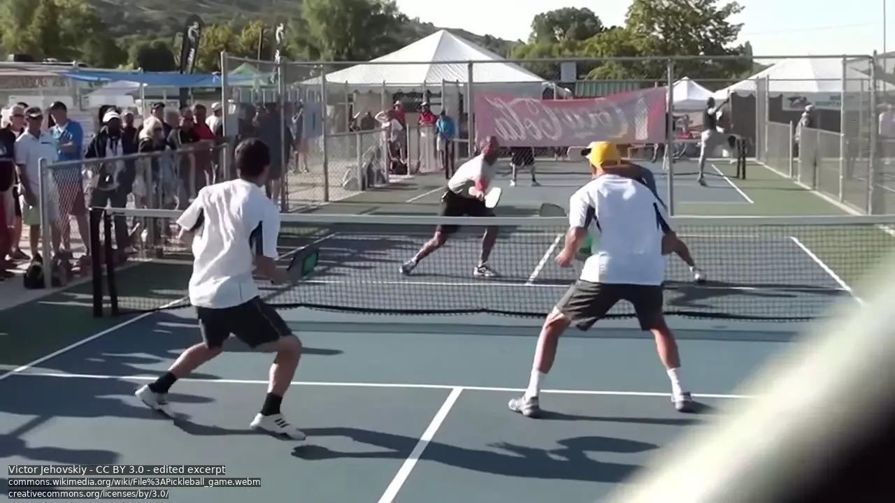 Players enjoying a doubles pickleball rally on an outdoor court
