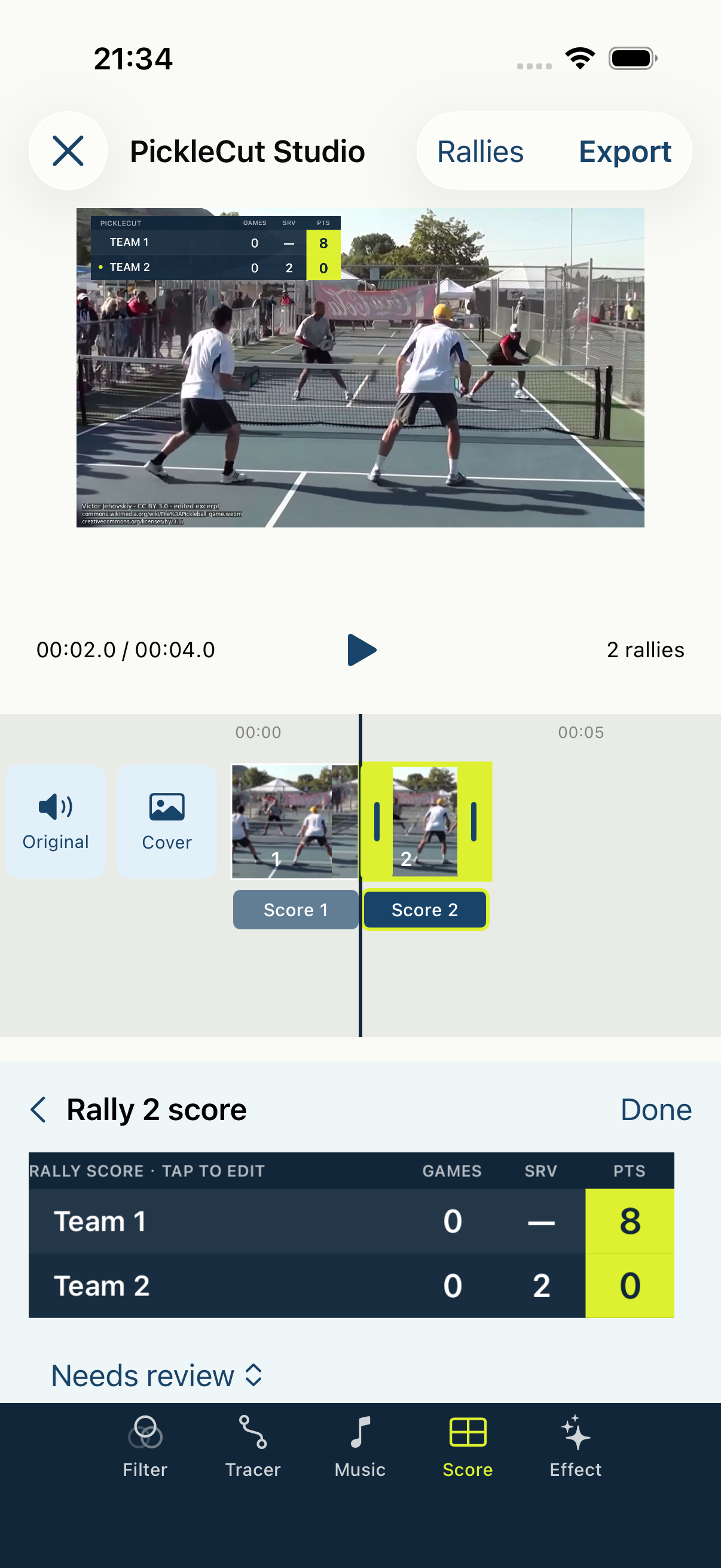 Actual PickleCut Studio screen with the manual scoreboard editor